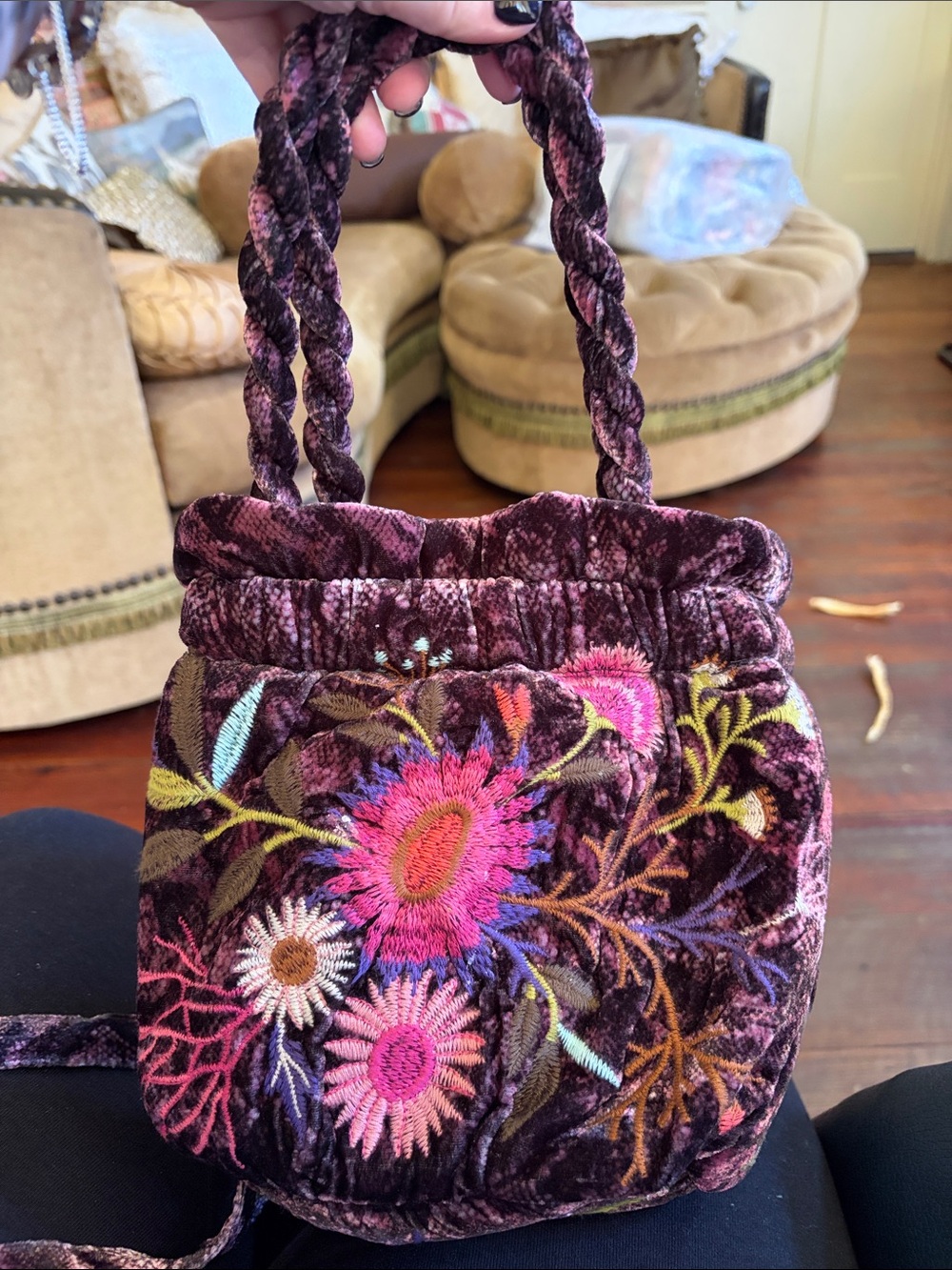 Johnny Was Plum Velvet Mini Drawstring Bag with Multicolor Floral Embroidery